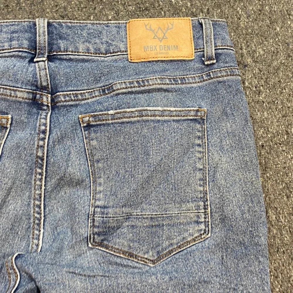 MBX Denim Jeans Sz 34 Mens Blue Streetwear Straight Leg Faded Distressed Detail